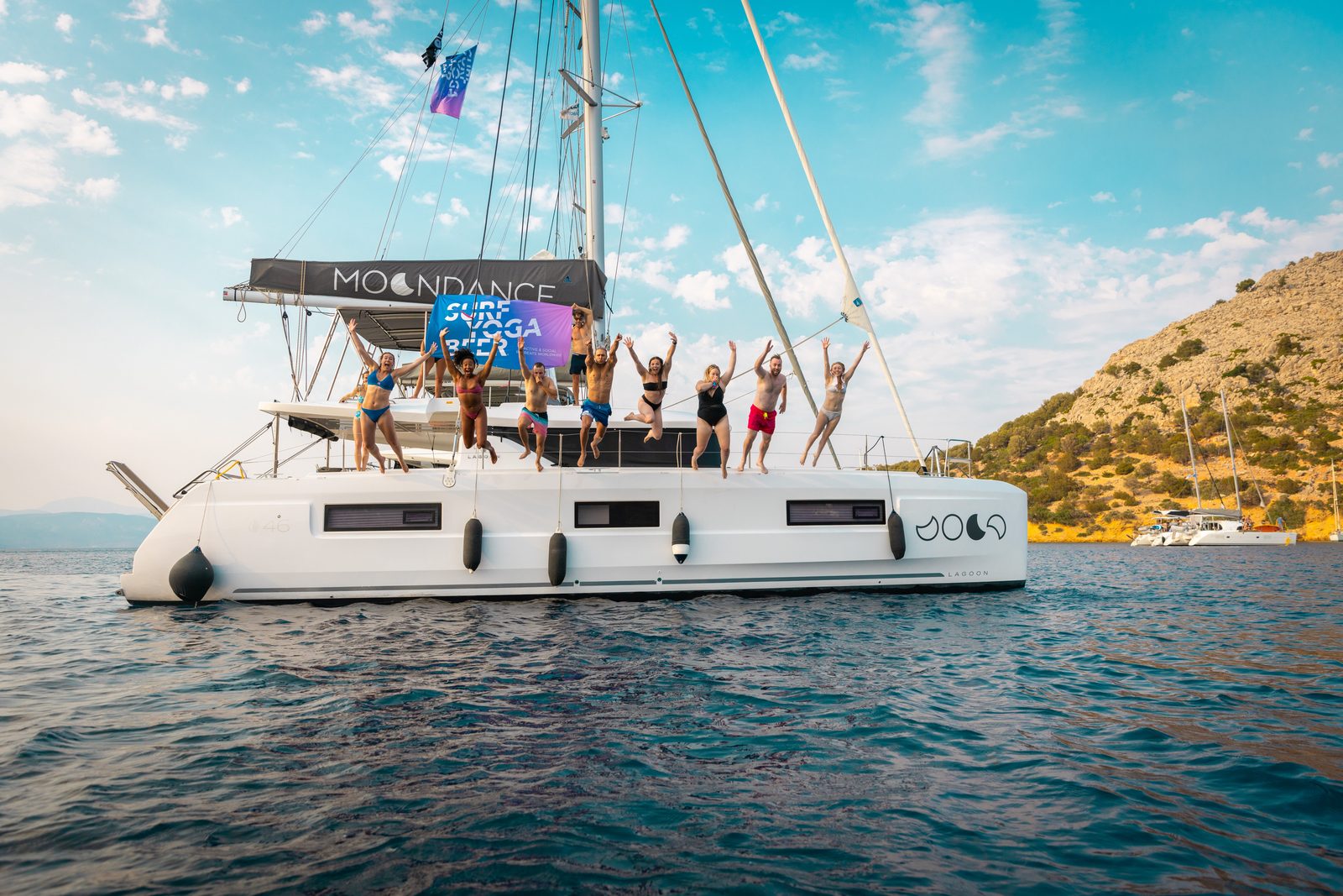 Surf Yoga Beer — everyone off the boat